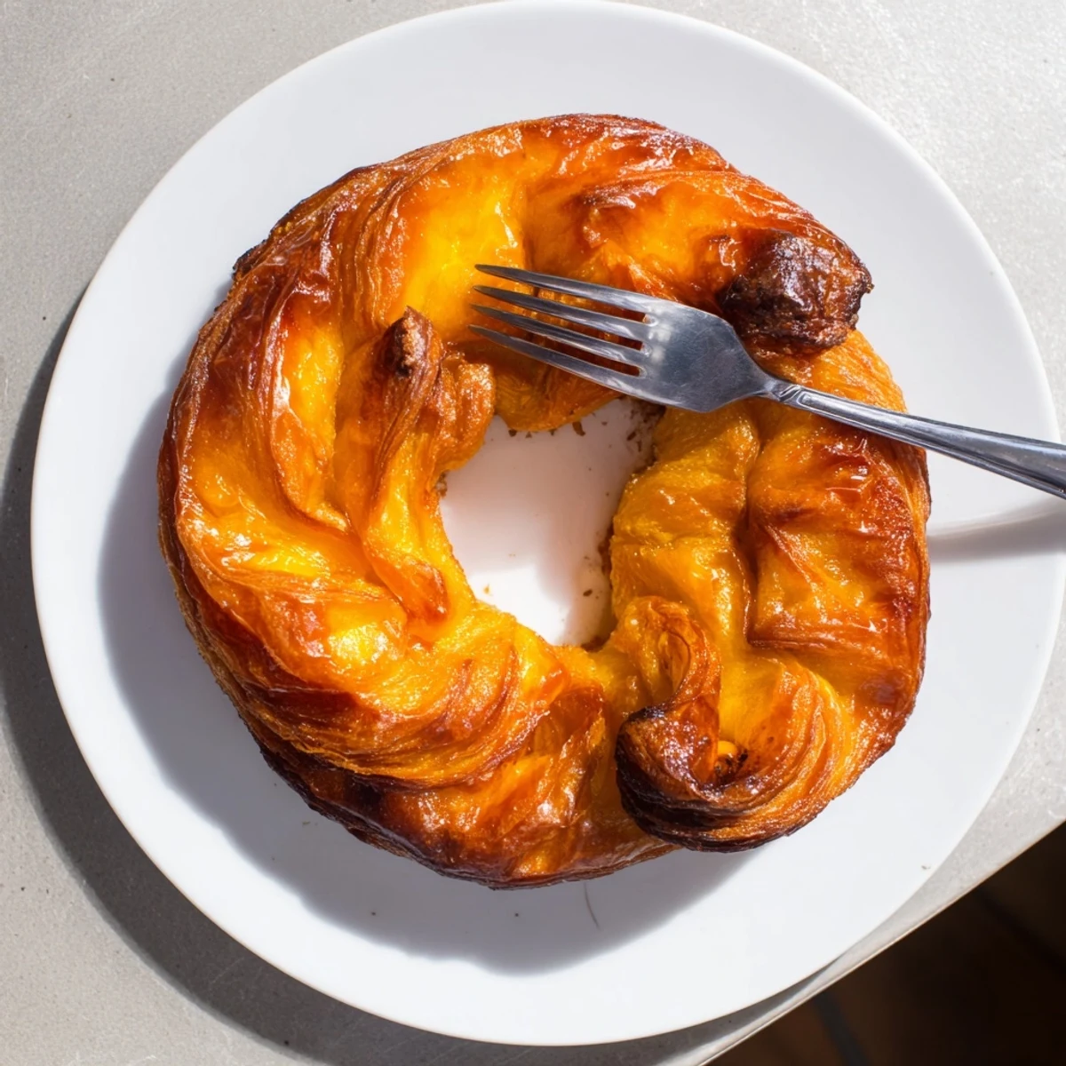 Freshly baked kouign amann displaying crisp caramelized exterior and buttery tender interior