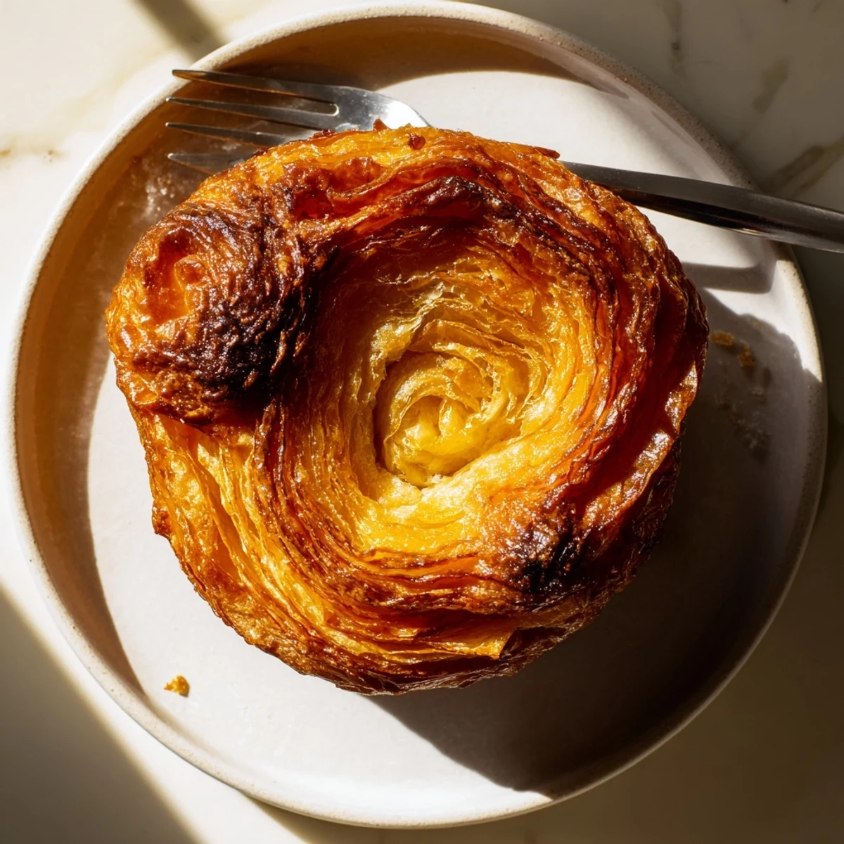 French kouign amann pastry broken open to reveal sugared flaky layers inside
