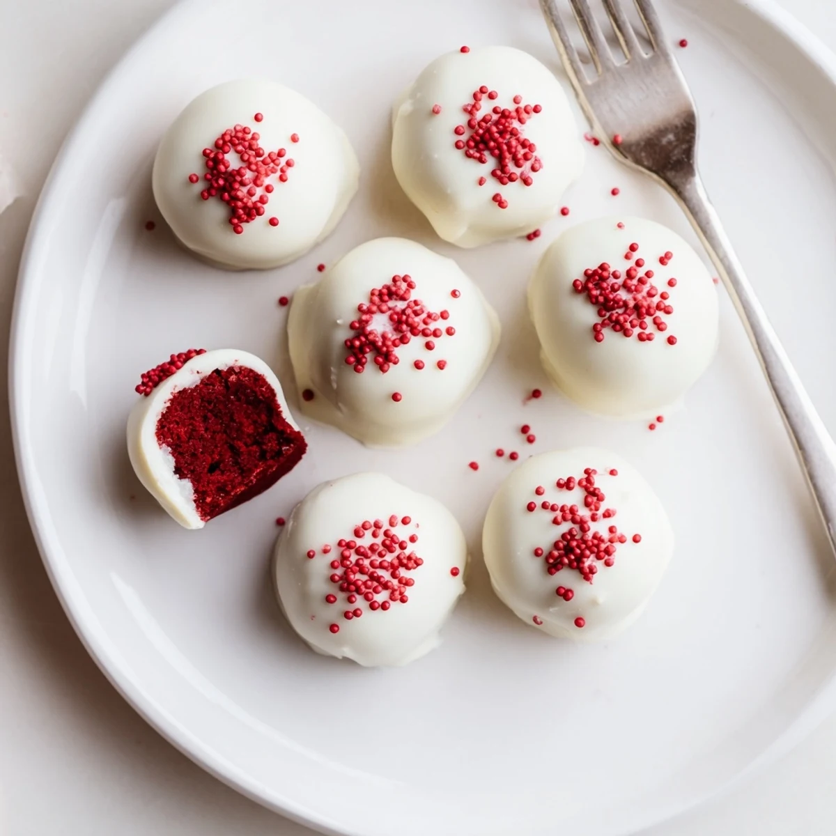 Decadent easy red velvet cake truffles with cream cheese filling on white serving plate