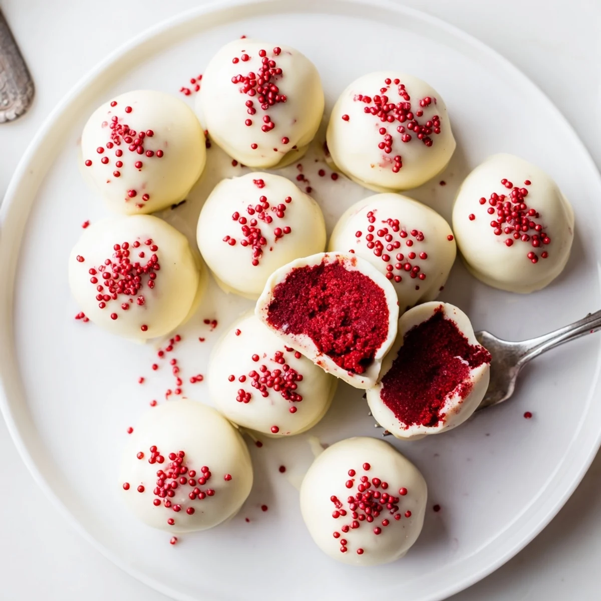 Homemade red velvet cake truffles rolled in white chocolate and topped with festive sprinkles