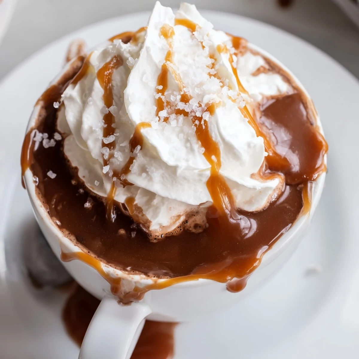 Creamy salted caramel hot chocolate topped with whipped cream and flaky sea salt garnish