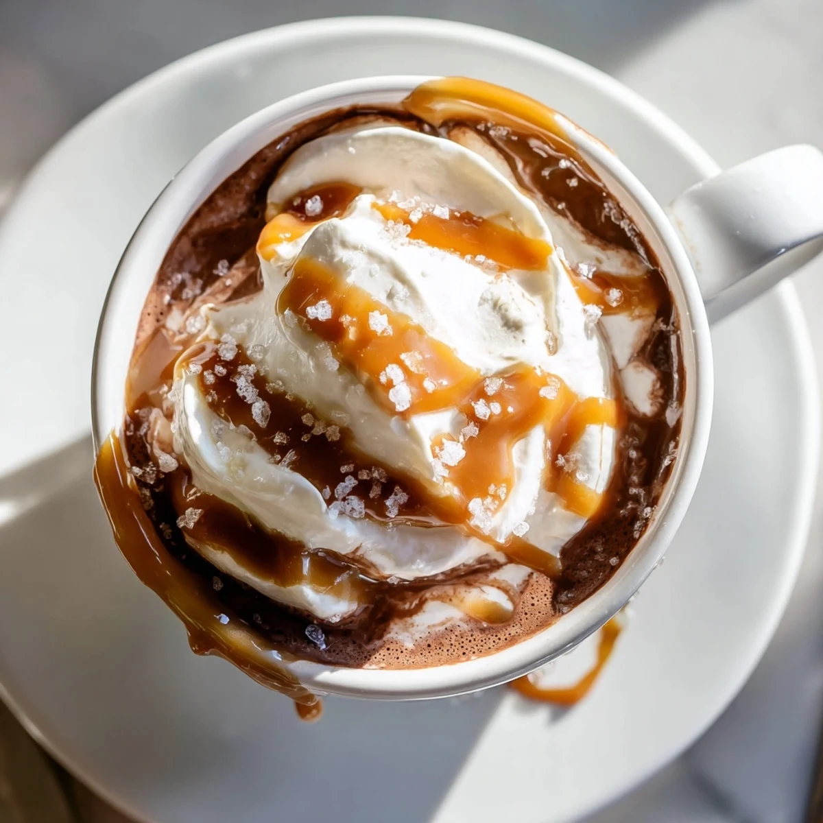 Steaming mug of rich salted caramel hot chocolate drizzled with extra caramel sauce
