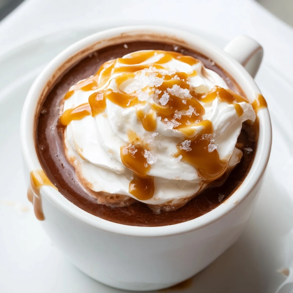 Two cozy mugs of salted caramel hot chocolate sprinkled with sea salt on top