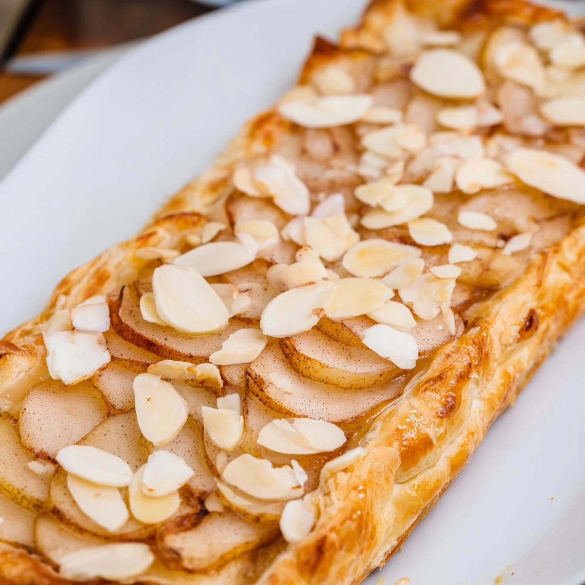 Golden brown spiced pear and puff pastry tarts fresh from the oven with caramelized edges