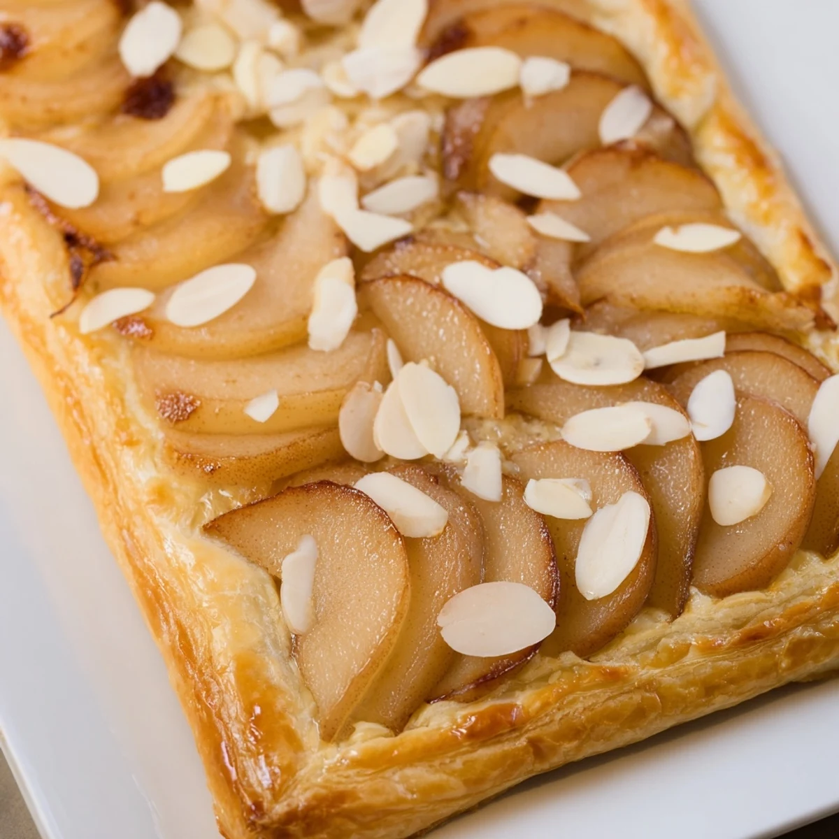 Elegant pear tarts arranged on white serving plate with optional powdered sugar dusting