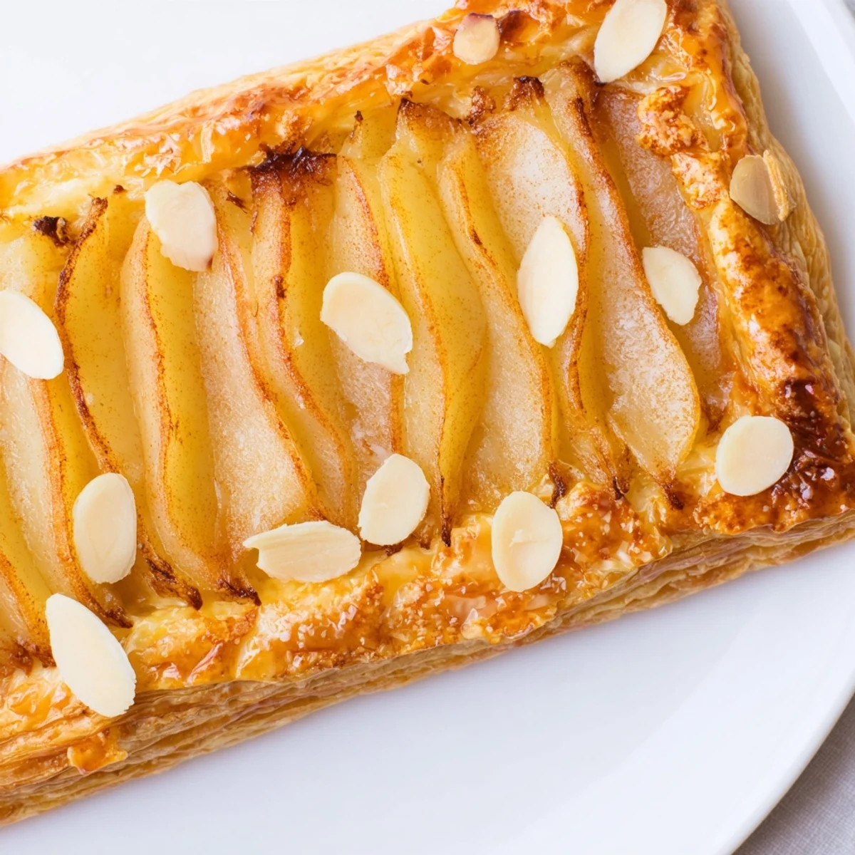 Flaky pastry topped with warm cinnamon spiced pears and melted butter on rustic baking sheet