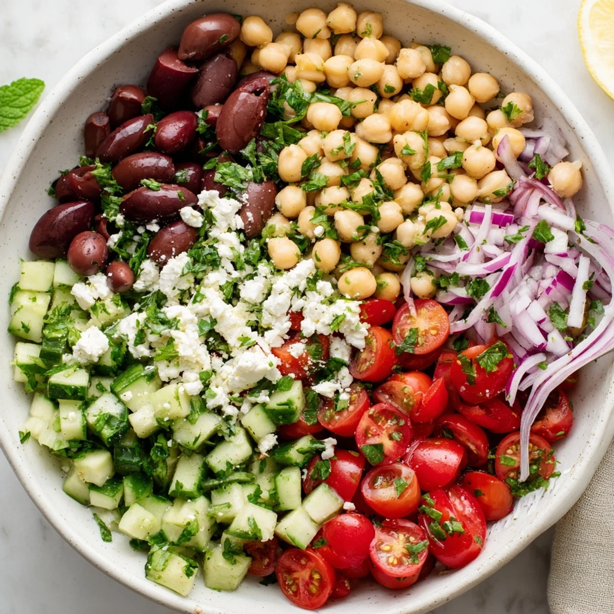 Protein-packed Mediterranean chickpea salad displaying vibrant vegetables and Kalamata olives in a serving bowl