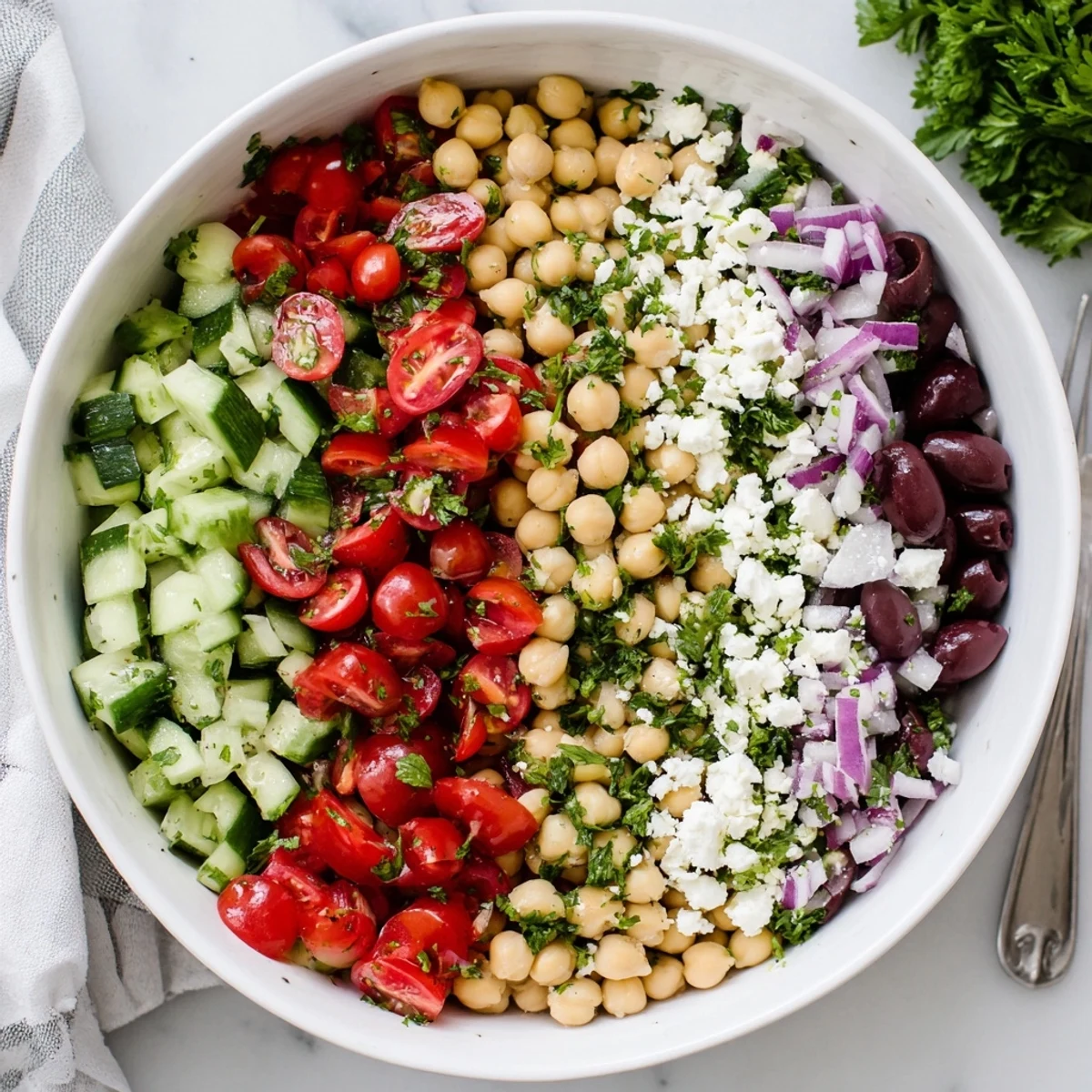 Fresh Mediterranean chickpea salad with crisp cucumbers, tomatoes, and parsley drizzled with olive oil