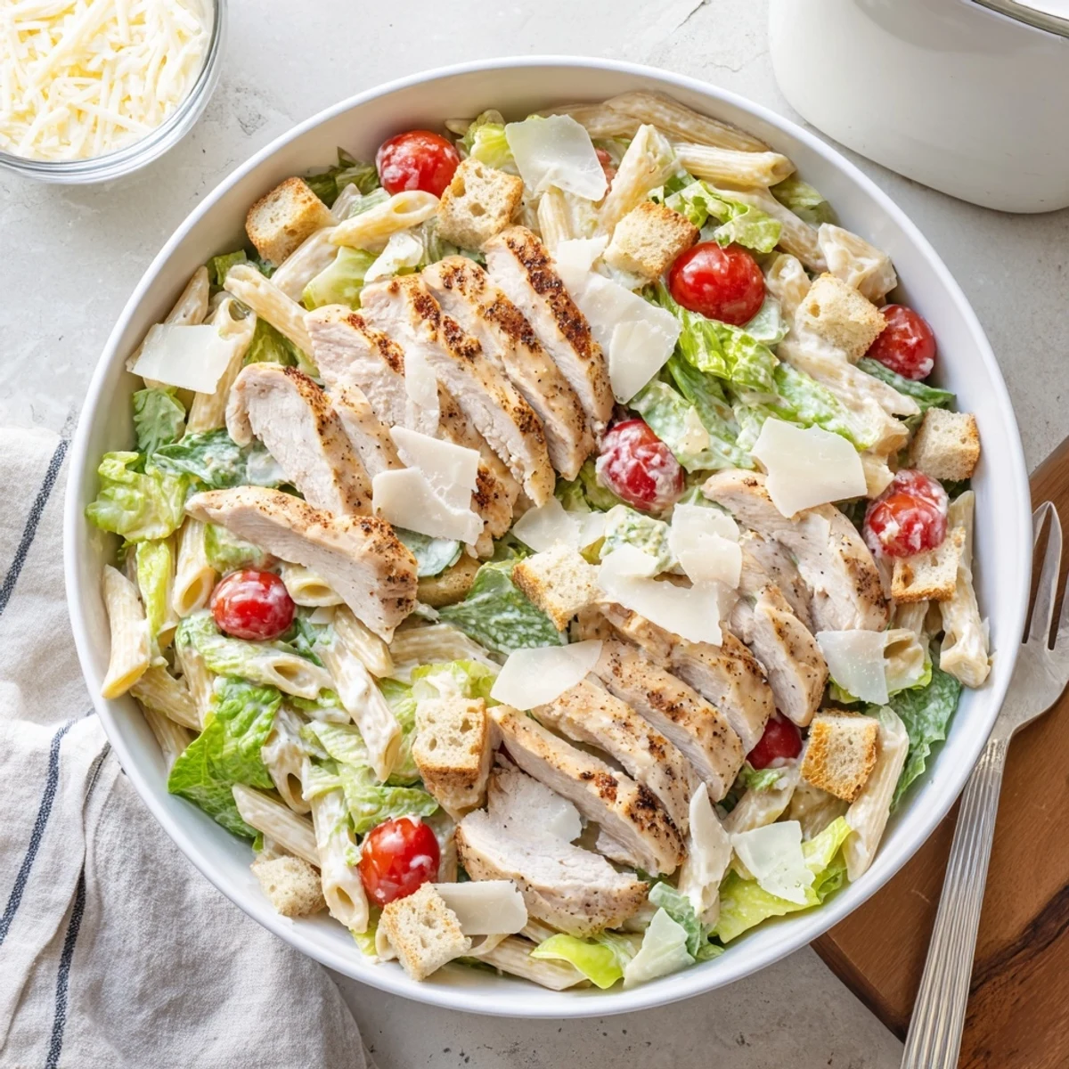 Creamy Caesar dressing coats al dente pasta, sliced grilled chicken, and fresh romaine lettuce