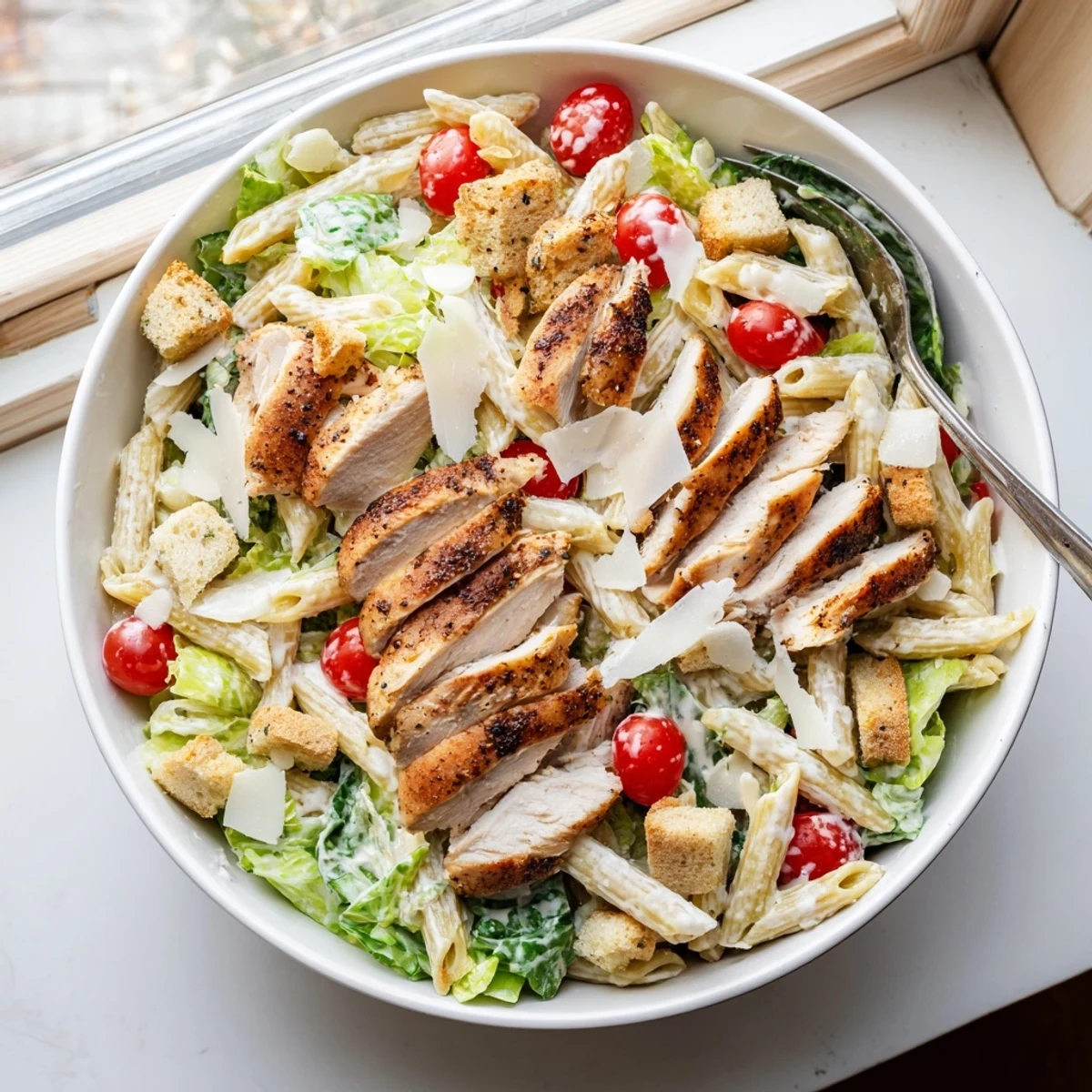 Golden chicken Caesar pasta salad tossed with crisp romaine, parmesan, and crunchy croutons