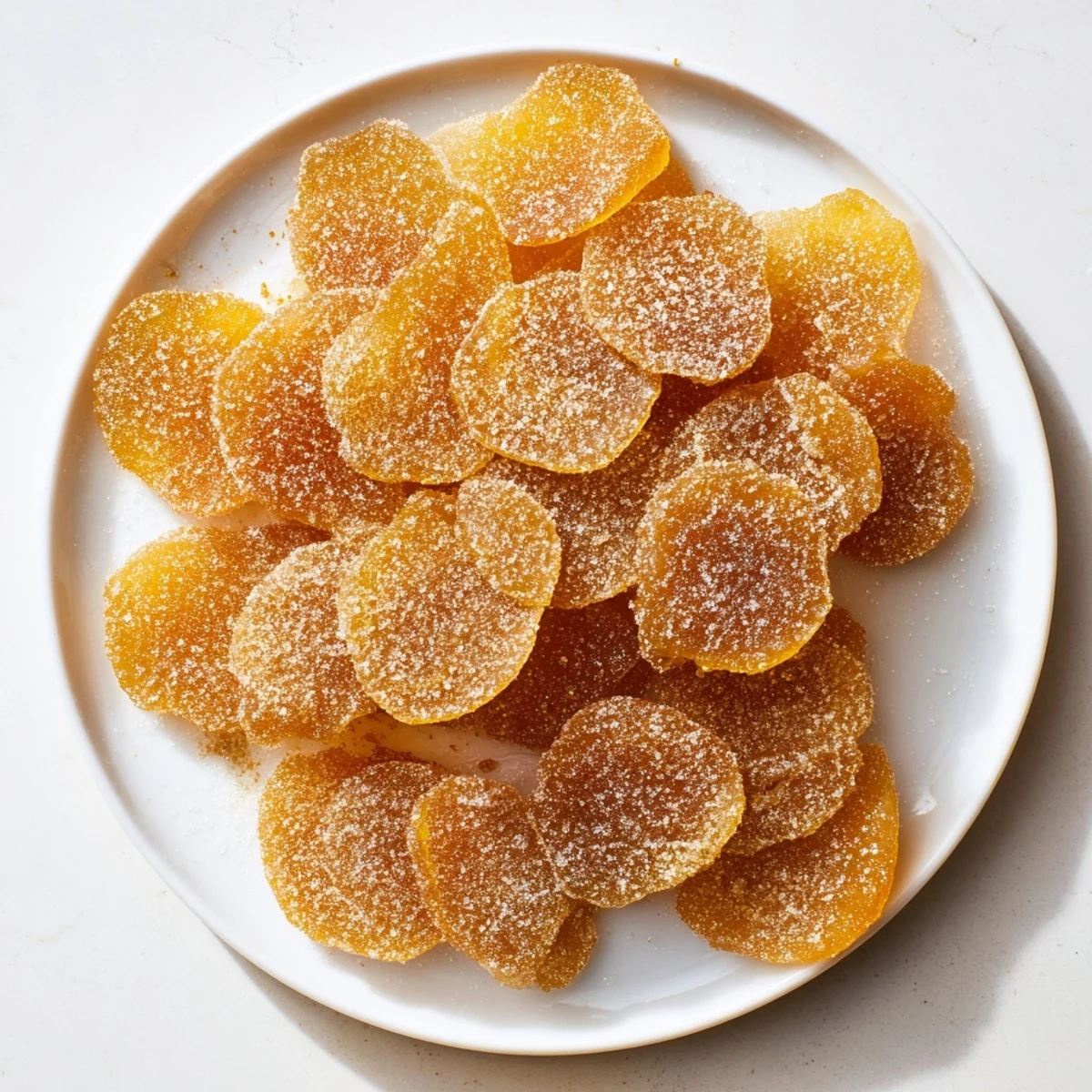 Chewy sweet and spicy candied ginger arranged on parchment paper after drying completely