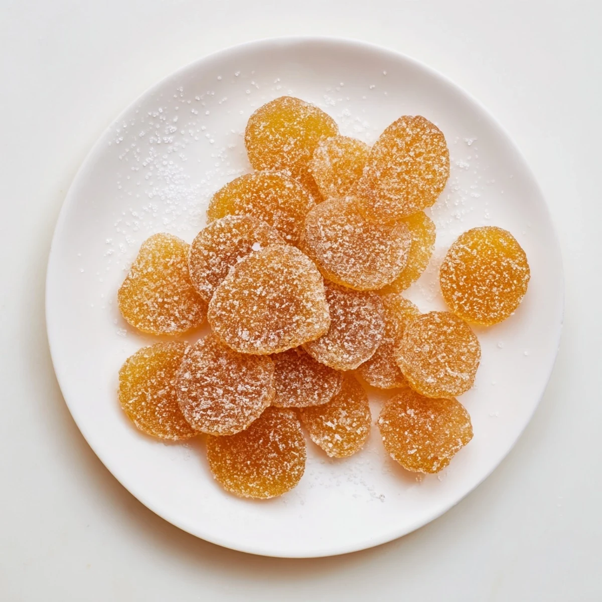 Close-up of translucent candied ginger pieces dusted with granulated sugar ready for gifting
