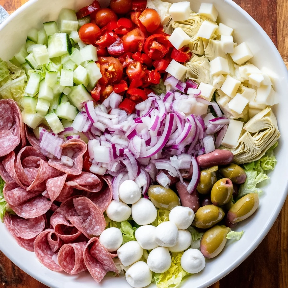Colorful antipasti chopped salad with fresh vegetables, olives, and cheese in a bowl