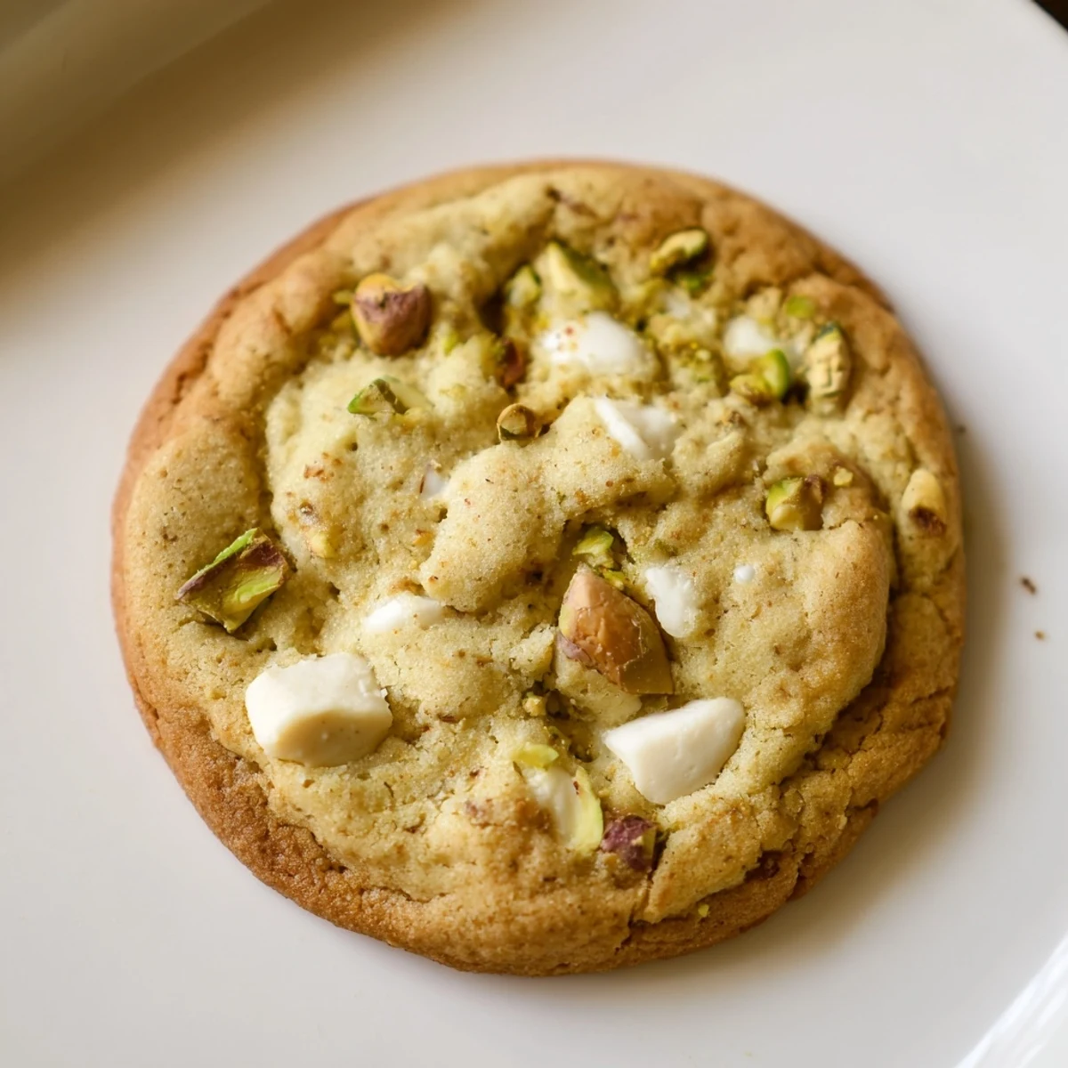 Golden white chocolate pistachio cookies with melted chunks and green nut speckles on a cooling rack
