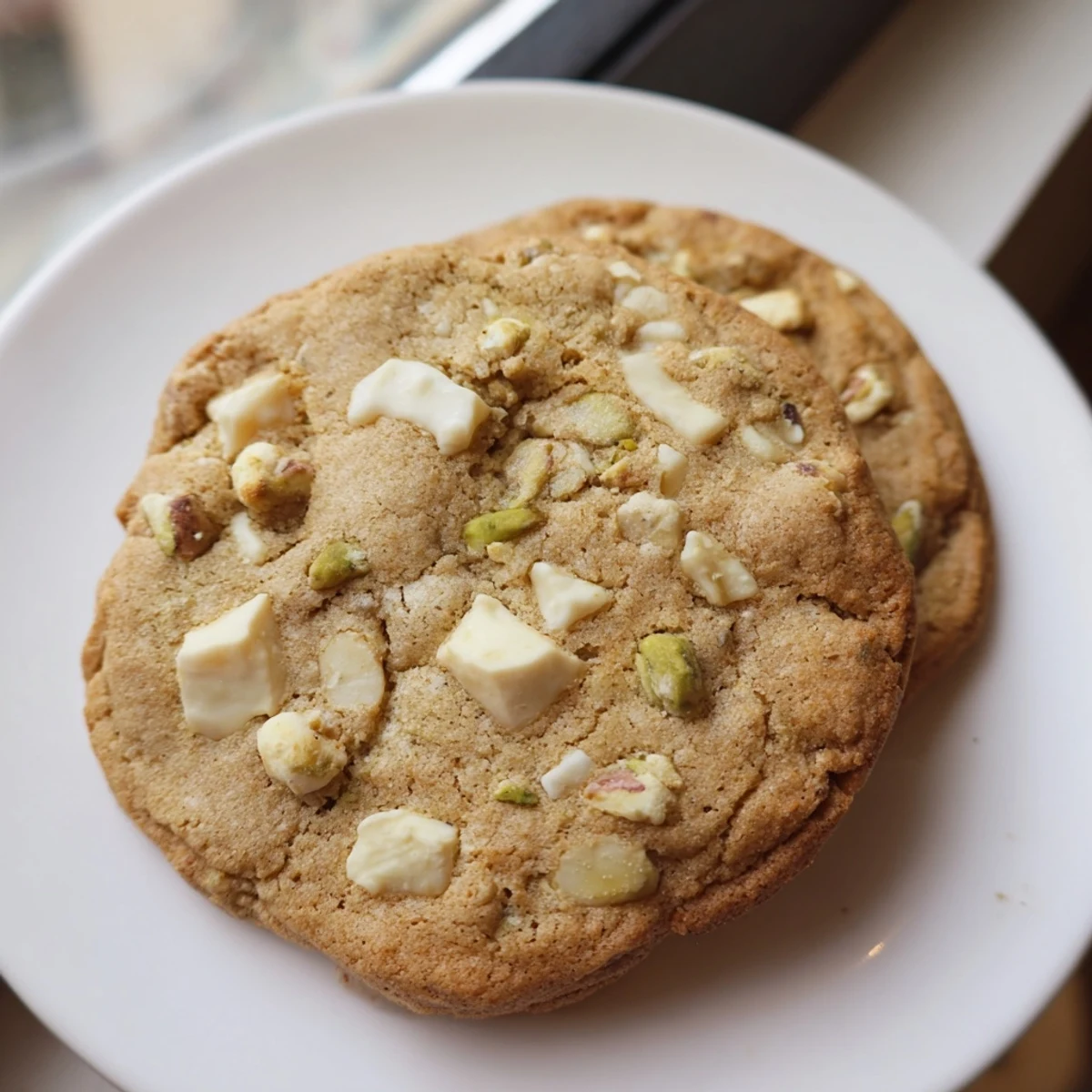 Buttery homemade white chocolate pistachio cookies fresh from the oven with soft chewy centers