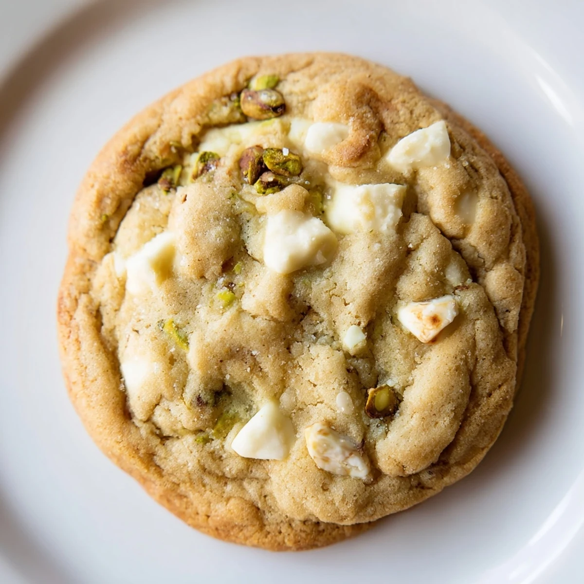 Plate of chewy white chocolate pistachio cookies featuring creamy chocolate and roasted nuts throughout