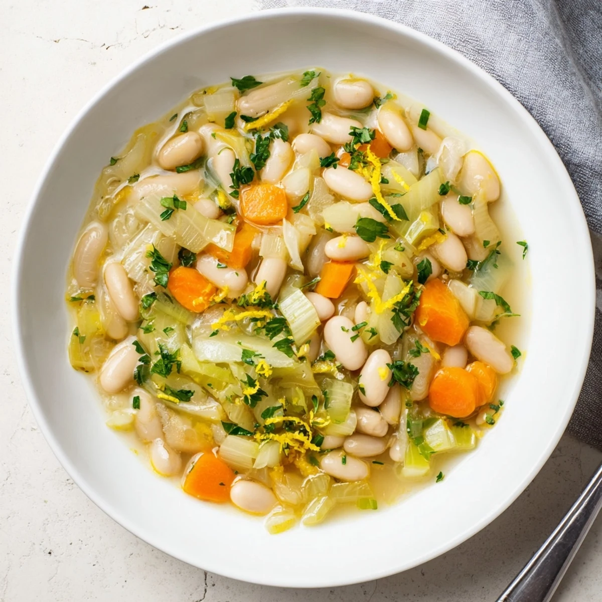 Golden butter beans and tender leeks cooked in vegetable broth with lemon zest