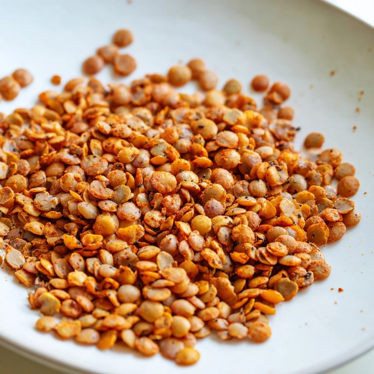 Golden brown crispy roasted lentils sprinkled with smoky paprika and cumin seasonings on a white plate