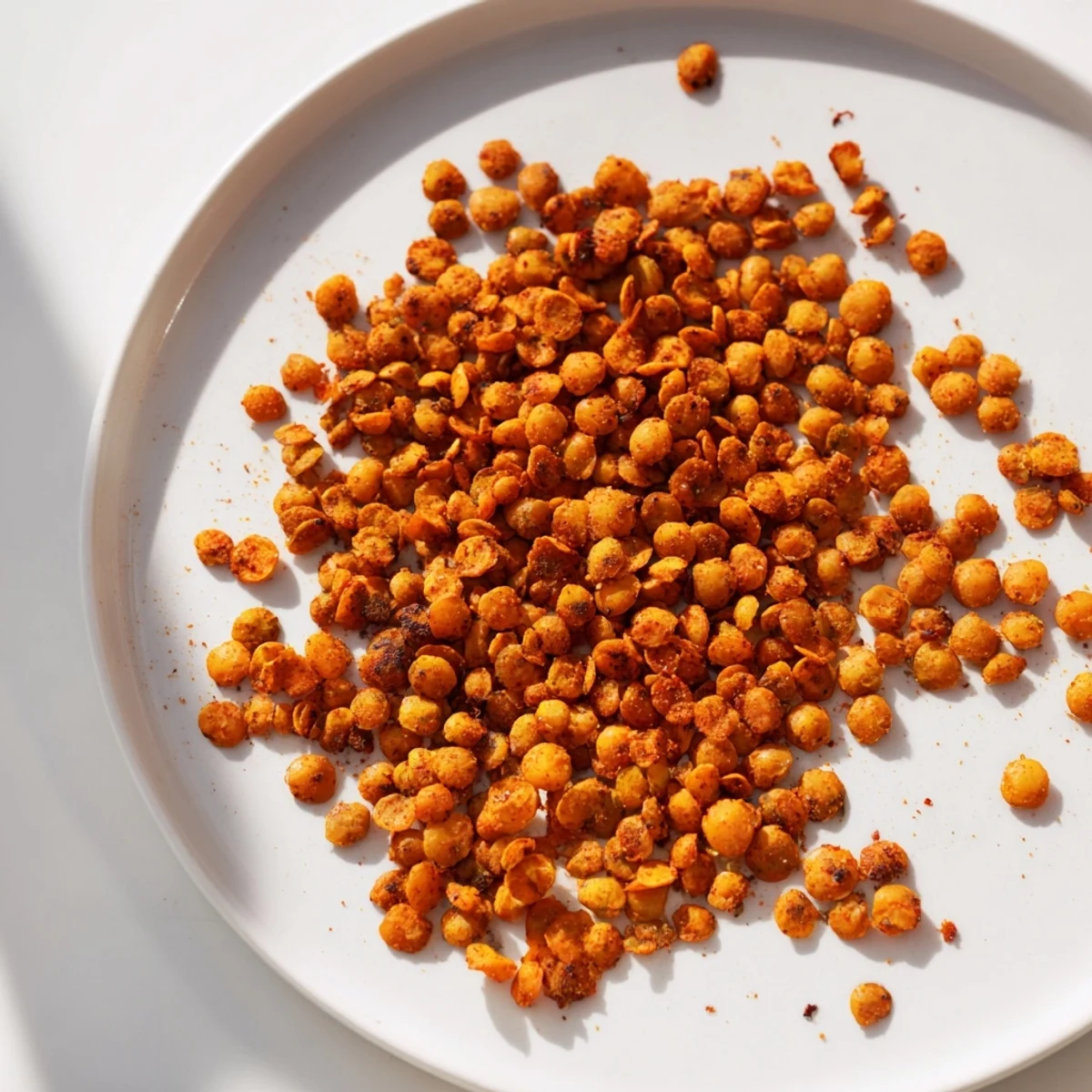 Bowl of seasoned crispy roasted lentils ready for sprinkling over fresh green salad or soup