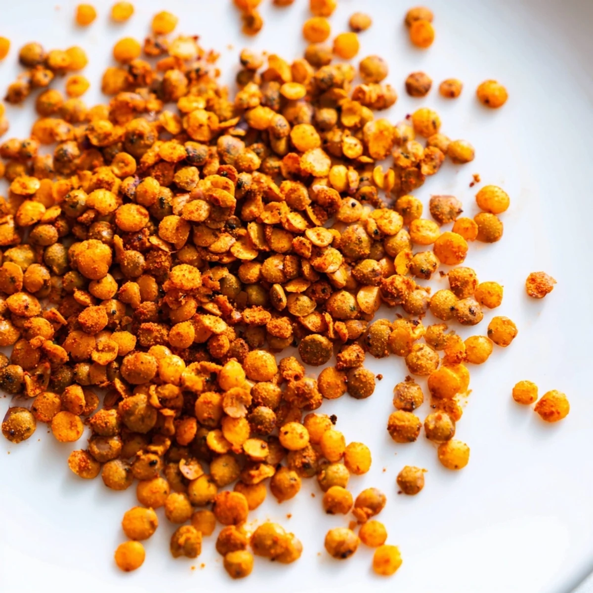 Close up of crunchy roasted lentils arranged neatly on baking sheet with parchment paper