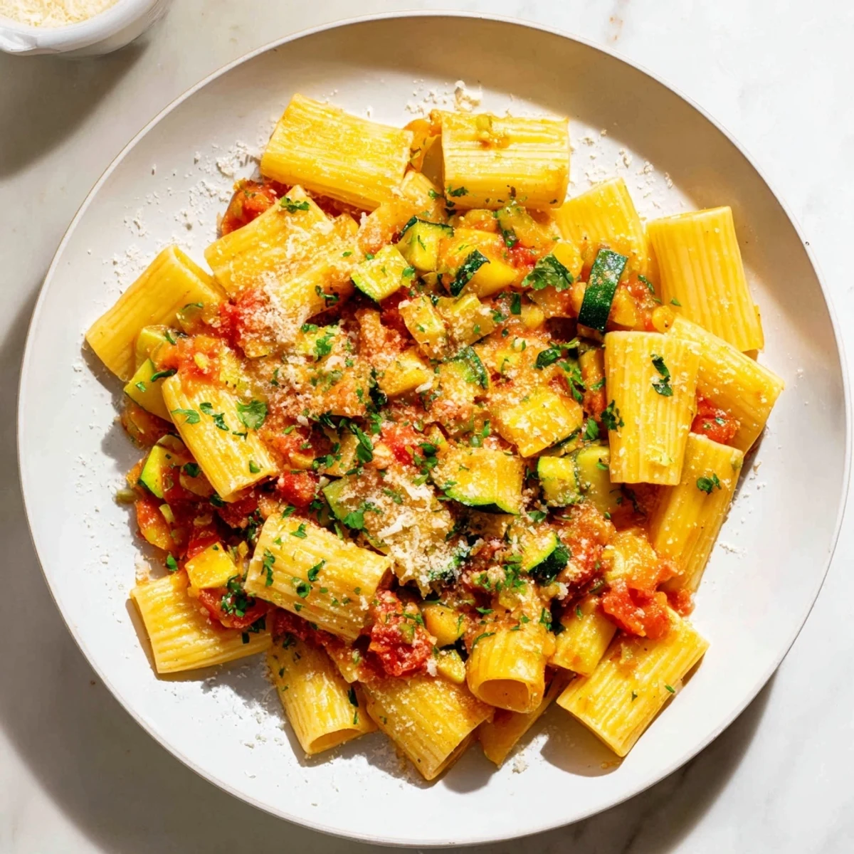Creamy Italian zucchini sauce with tender zucchini pieces and diced tomatoes in a rustic skillet