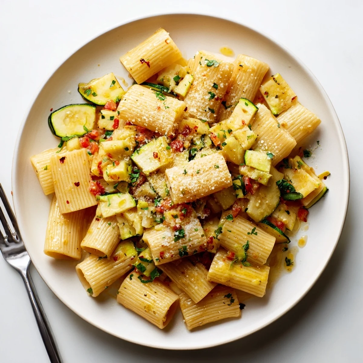 Vibrant Italian zucchini sauce featuring green zucchini cubes in a rich red tomato base
