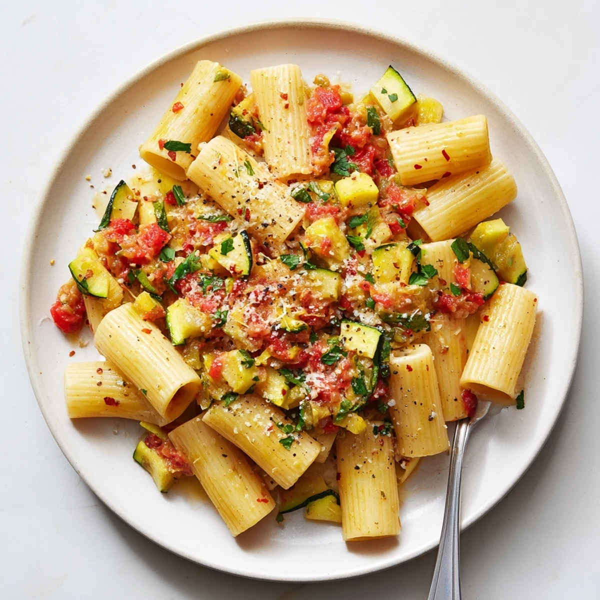 Golden Italian zucchini sauce simmering with fresh herbs, ready to spoon over al dente pasta