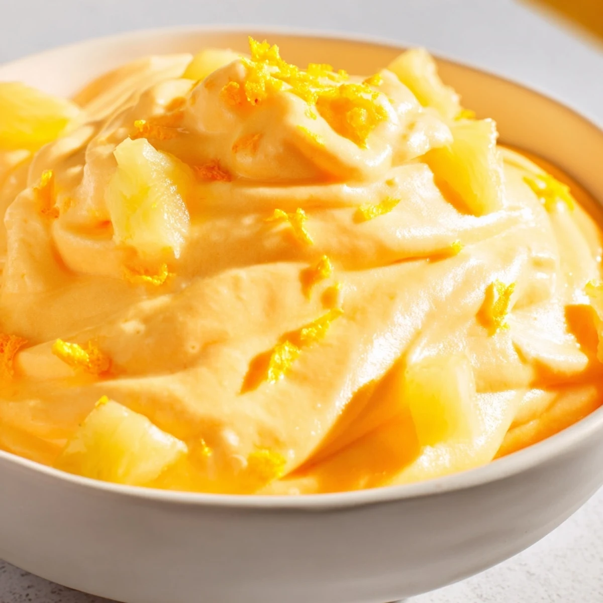 Creamy homemade orange Dole Whip swirled in a glass bowl with fresh orange zest garnish
