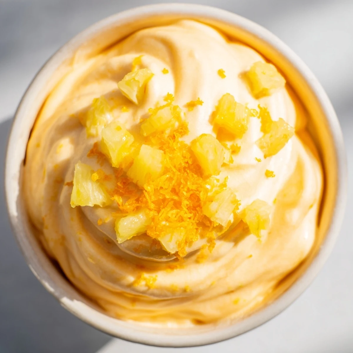 Smooth frozen homemade orange Dole Whip served in a patterned bowl with citrus slice