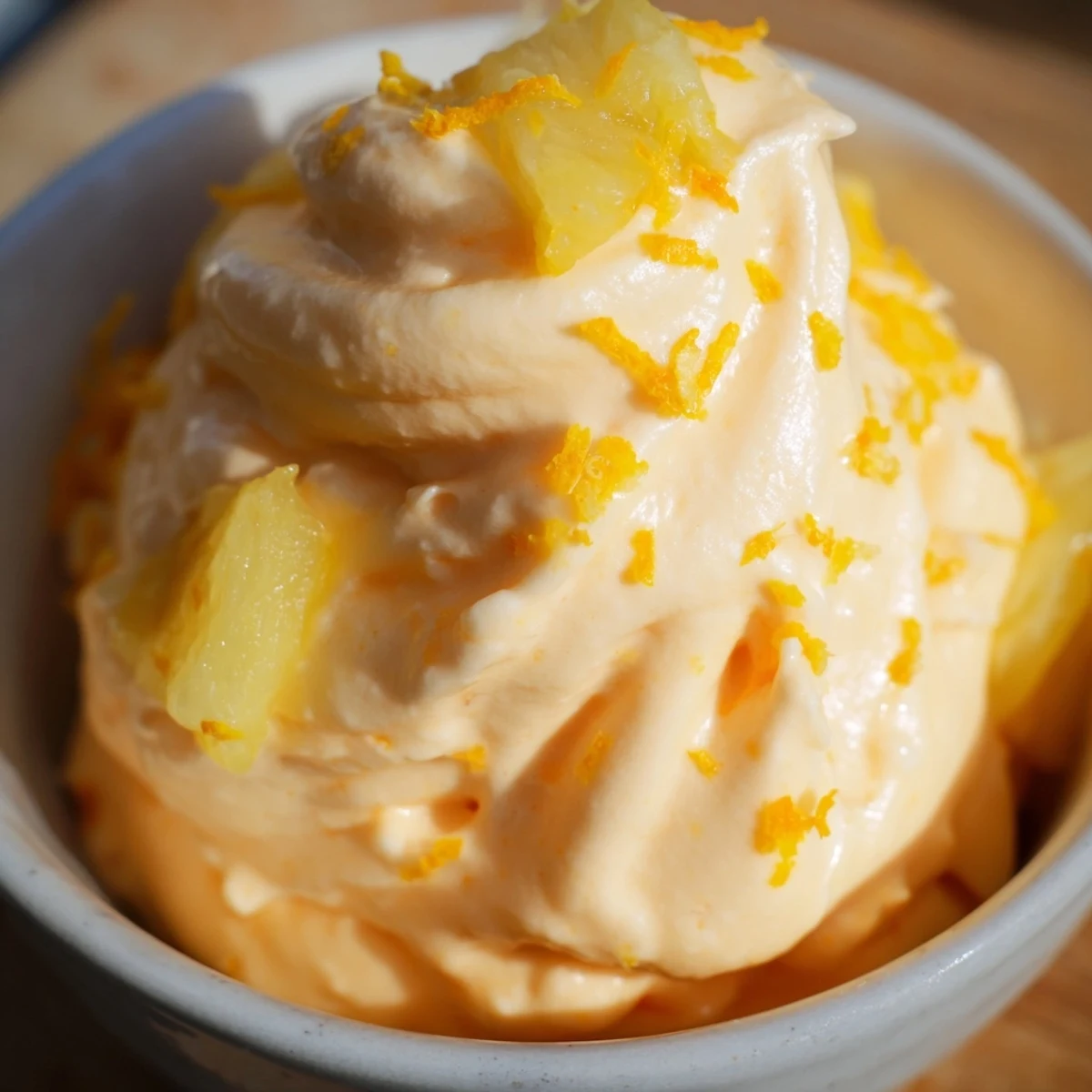 Tall glass of refreshing homemade orange Dole Whip soft-serve topped with vibrant pineapple chunks