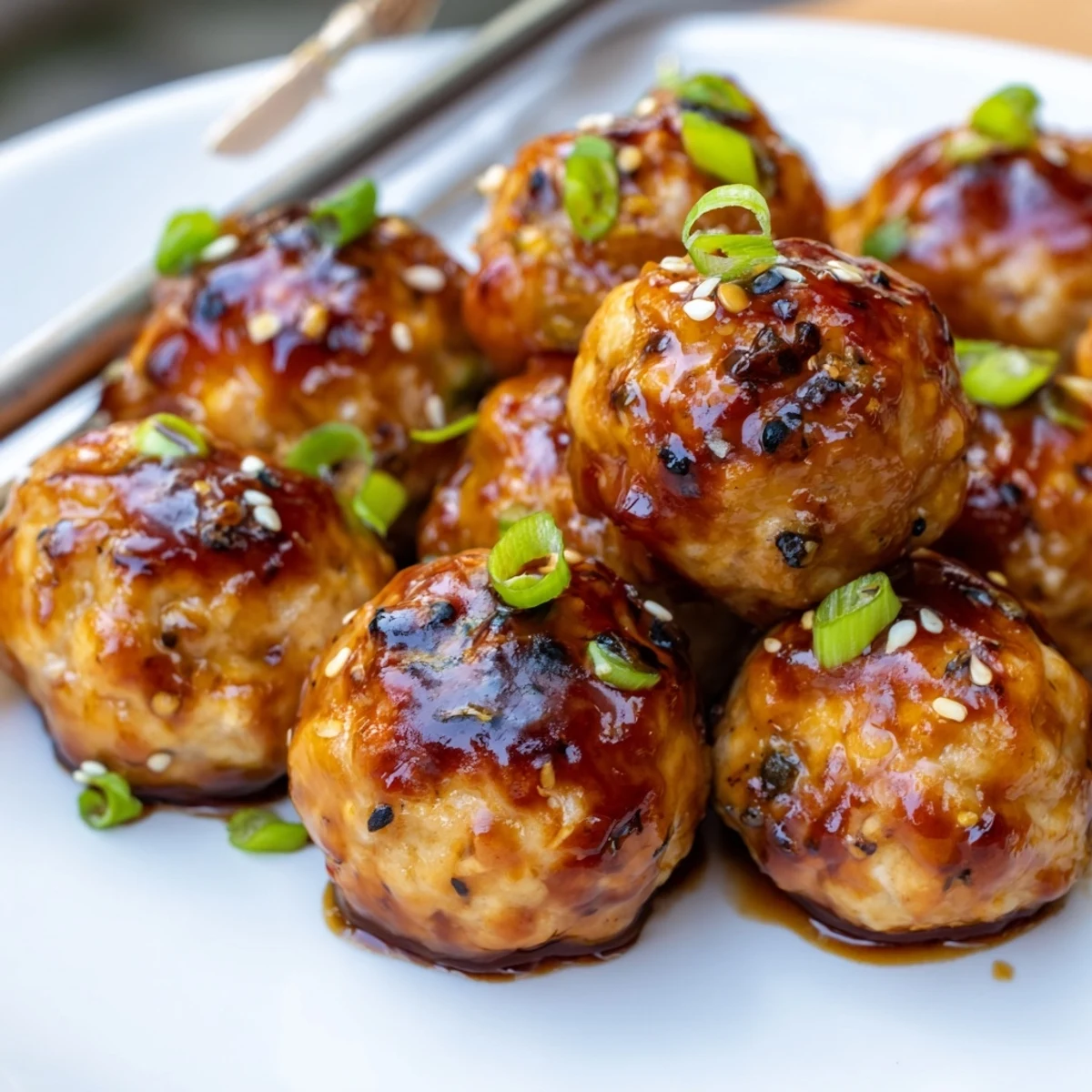 Juicy homemade chicken meatballs coated with glossy teriyaki sauce garnished with green onions and sesame seeds