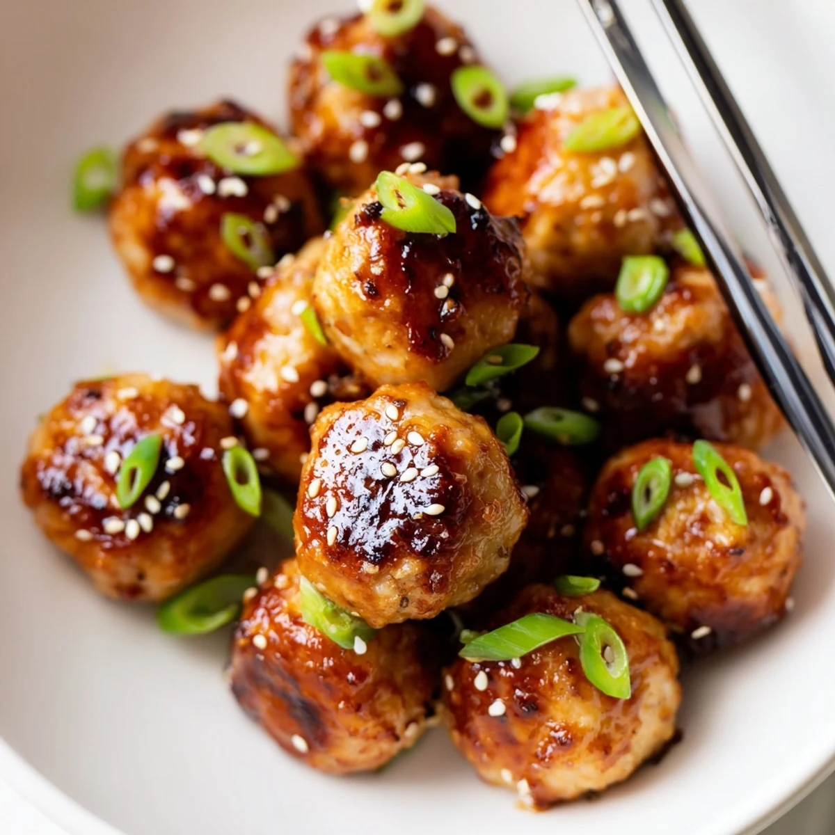 Golden brown Japanese chicken meatballs glazed in sticky sweet teriyaki sauce on white plate