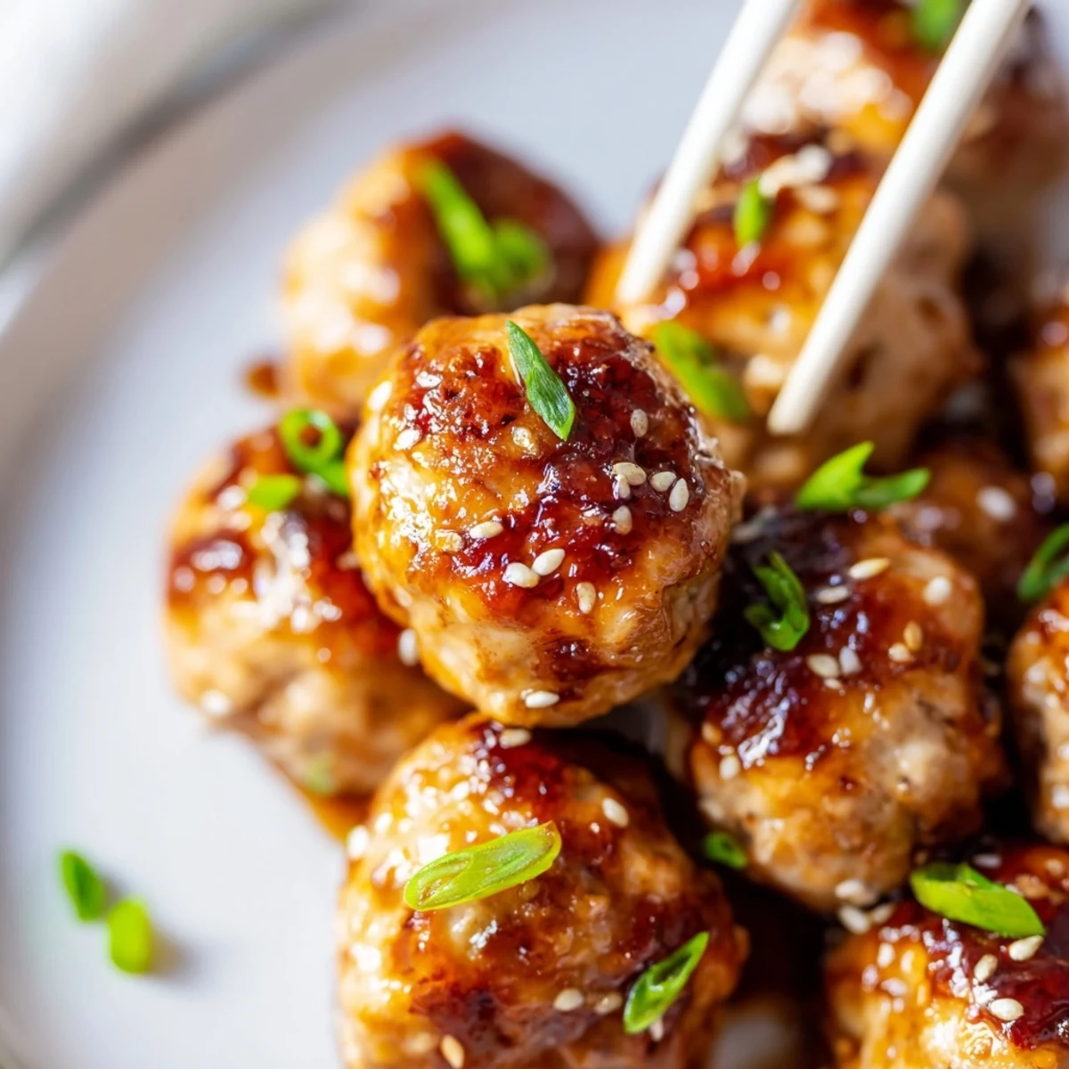 Plate of savory Japanese chicken meatballs drizzled with thick teriyaki sauce served over steamed white rice