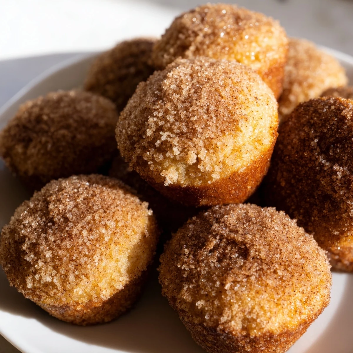 Bite-sized cinnamon sugar mini muffins piled high on a wire cooling rack