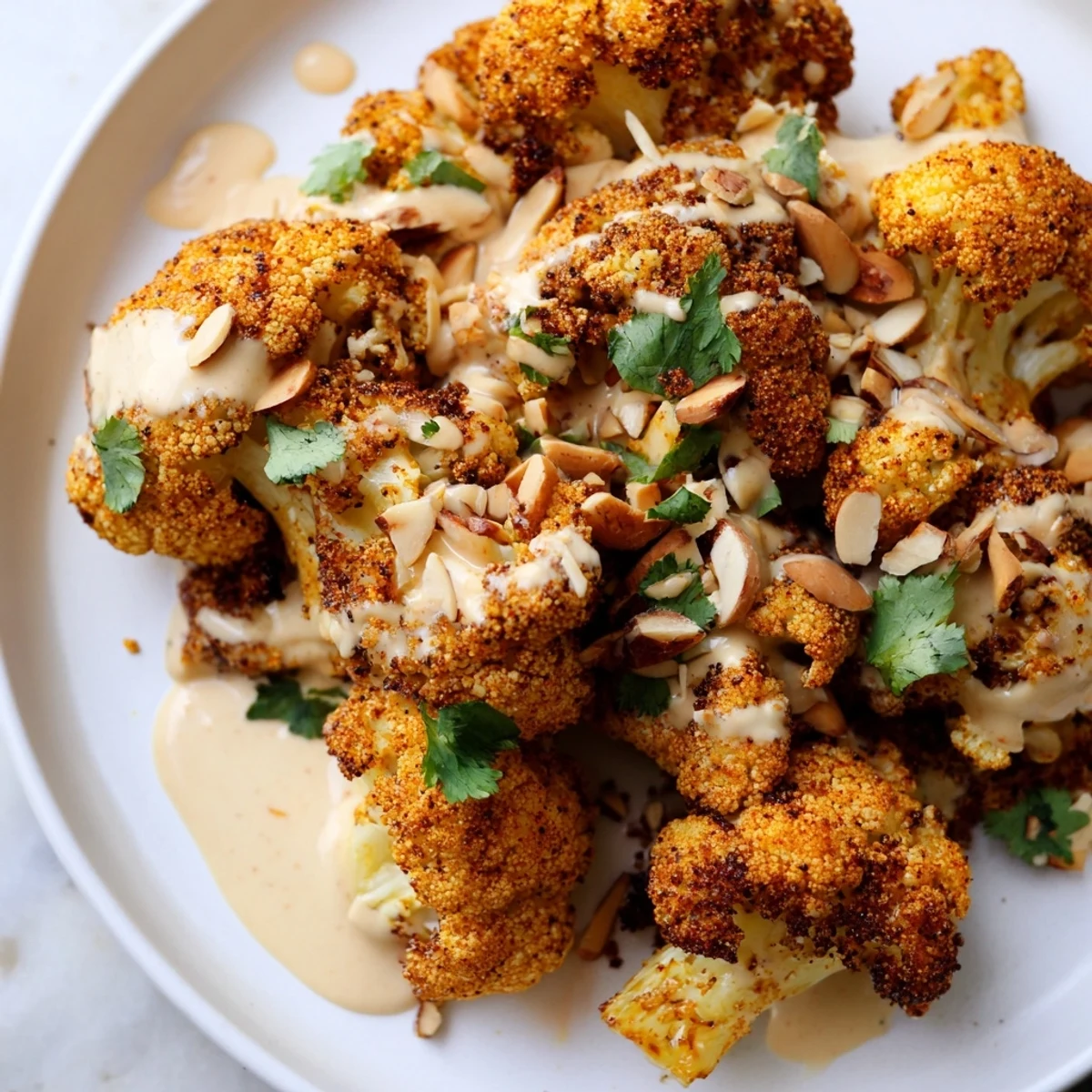 Spiced Moroccan cauliflower florets with sweet tahini honey glaze on a white serving platter