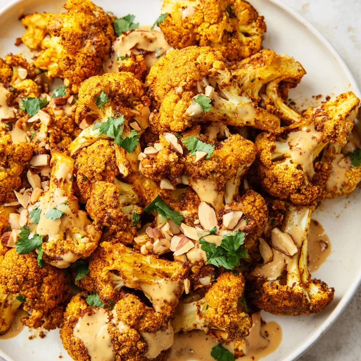 Golden roasted Moroccan cauliflower drizzled with creamy tahini honey sauce and fresh herbs
