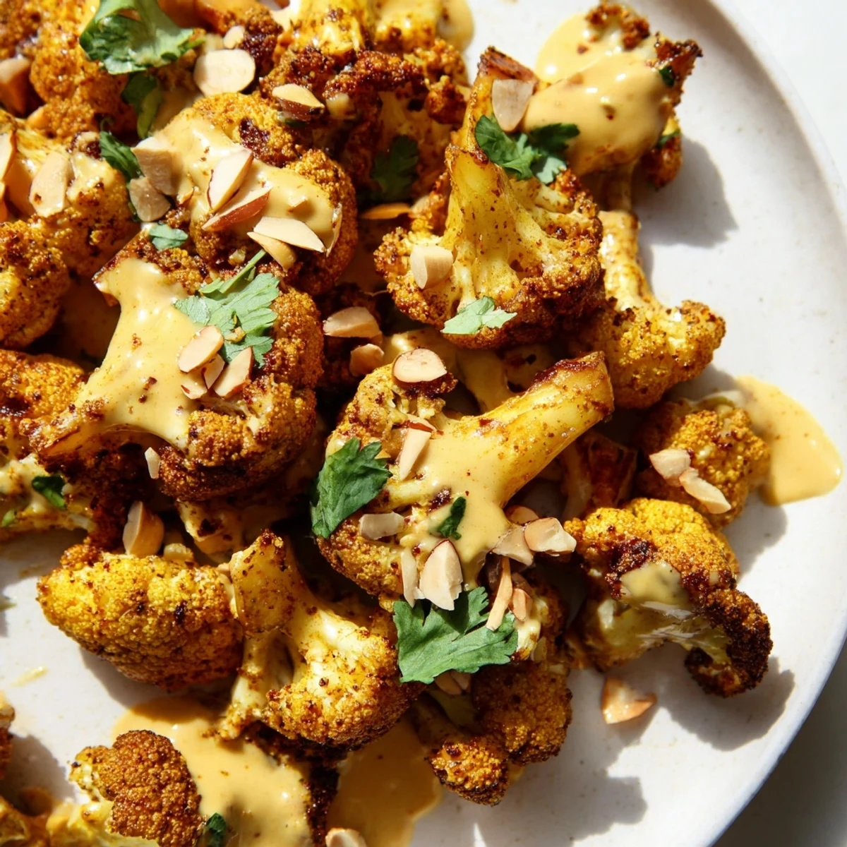 Moroccan cauliflower with tahini honey topped with cilantro and toasted almonds for crunch