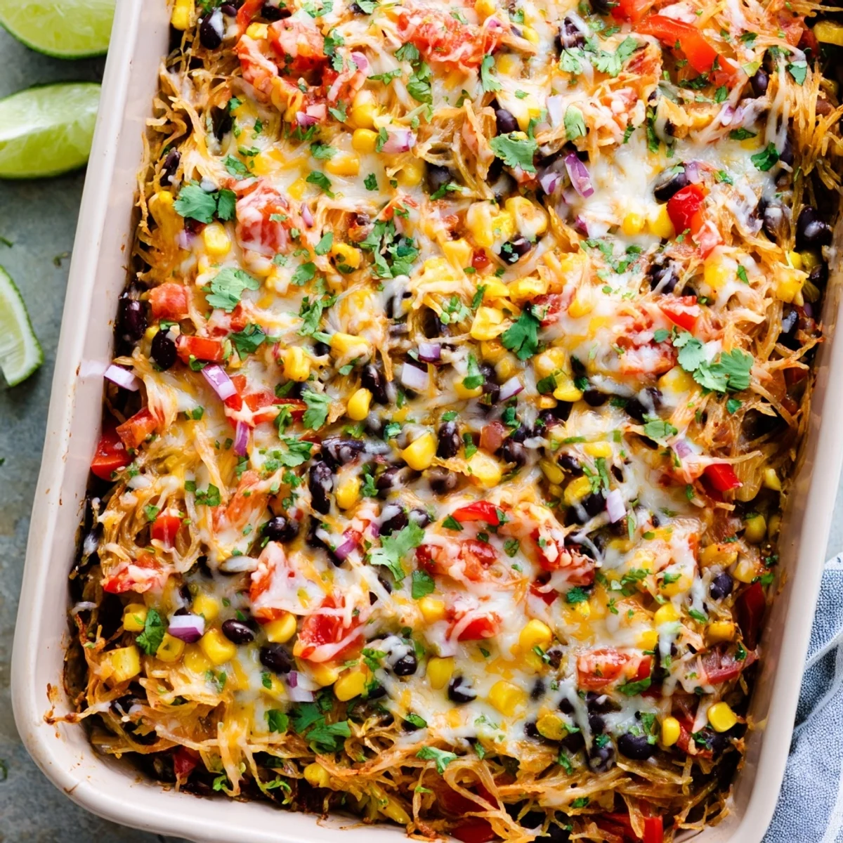 Golden Mexican spaghetti squash casserole bubbling with melted cheddar and Monterey Jack cheese