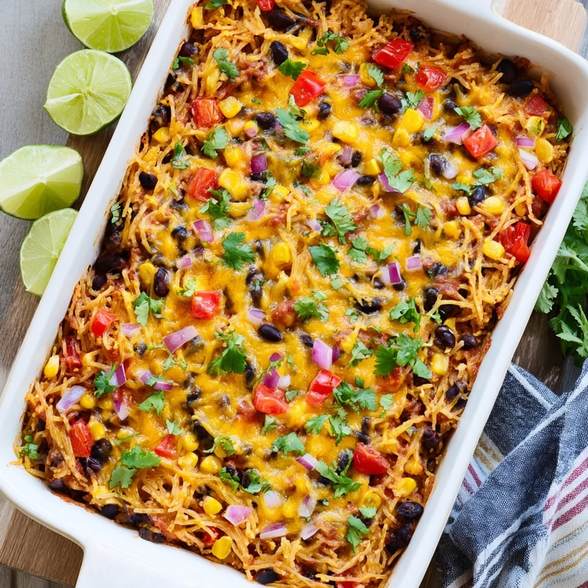 Vegetarian Mexican spaghetti squash casserole loaded with black beans, corn, and bell peppers