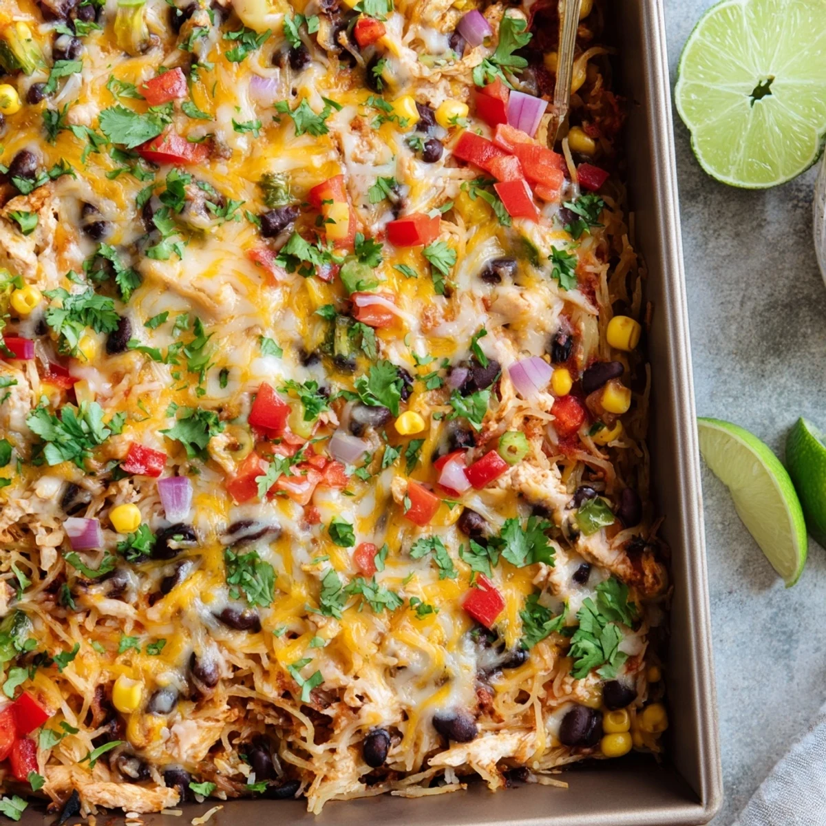 Gluten-free Mexican spaghetti squash casserole garnished with fresh cilantro and lime wedges