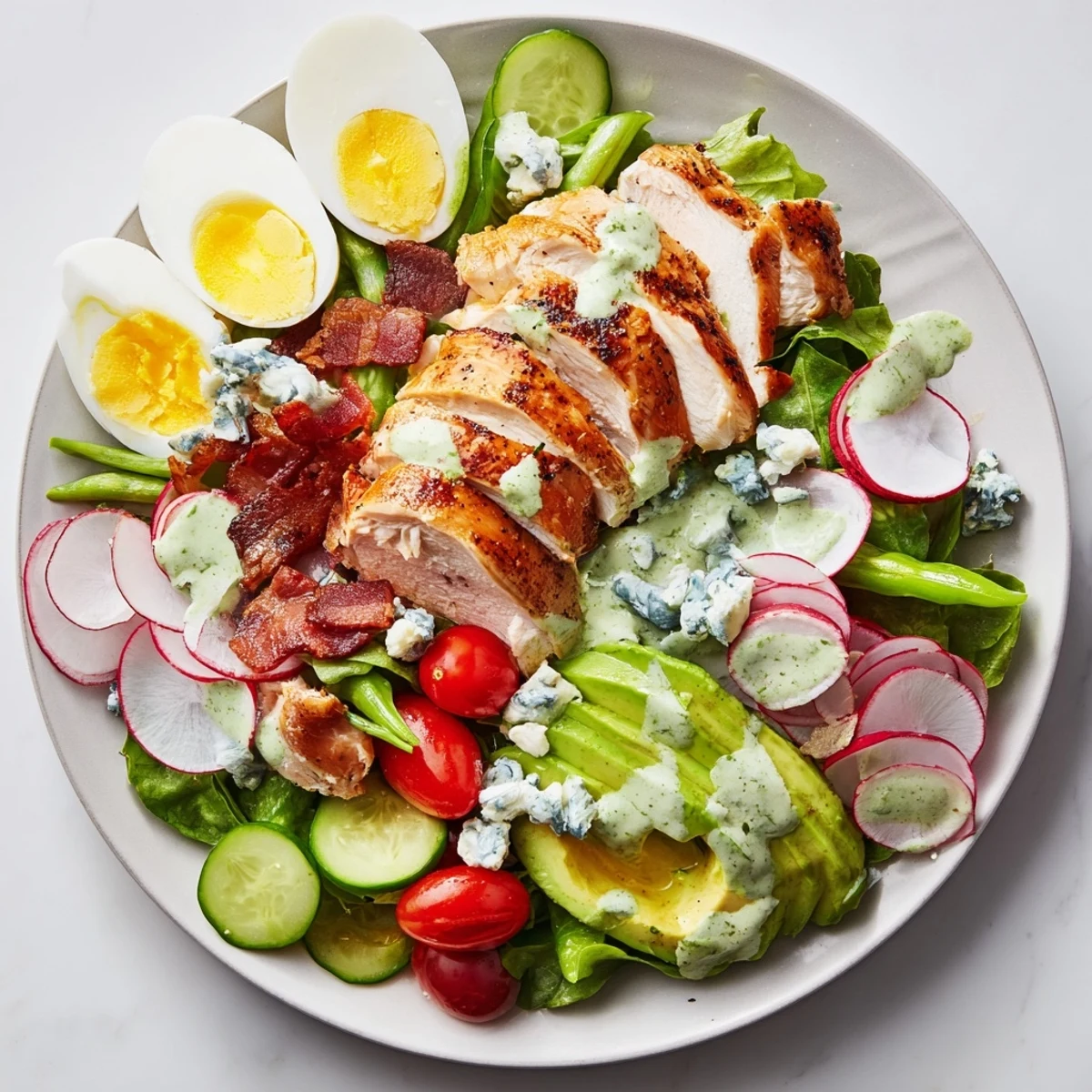 Colorful Spring Cobb Salad arranged with grilled chicken, crisp bacon, eggs, radishes, avocado, and snap peas on a bed of fresh mixed greens