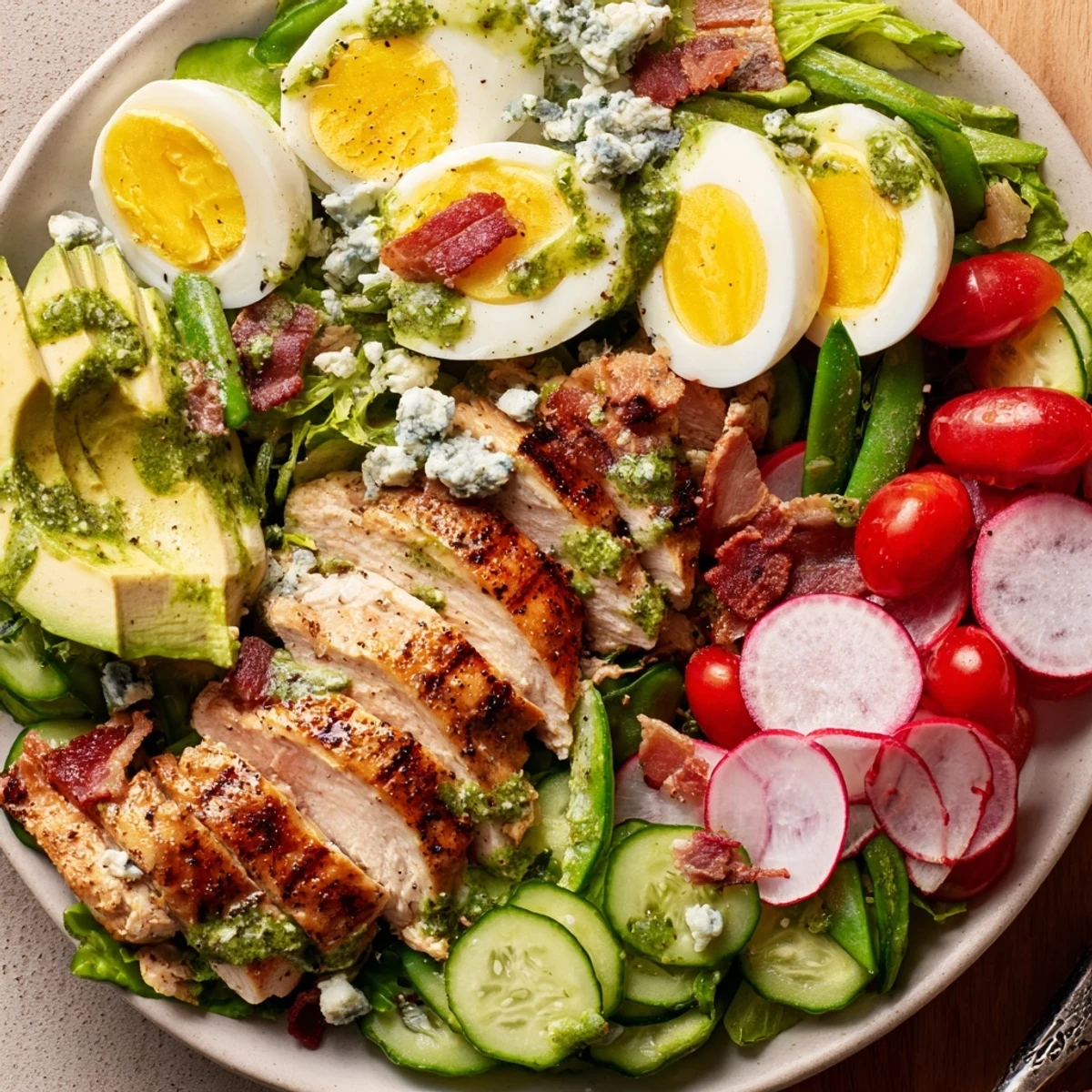 Fresh Spring Cobb Salad plated in rows with tender chicken, cherry tomatoes, cucumber, blue cheese crumbles, and herb vinaigrette