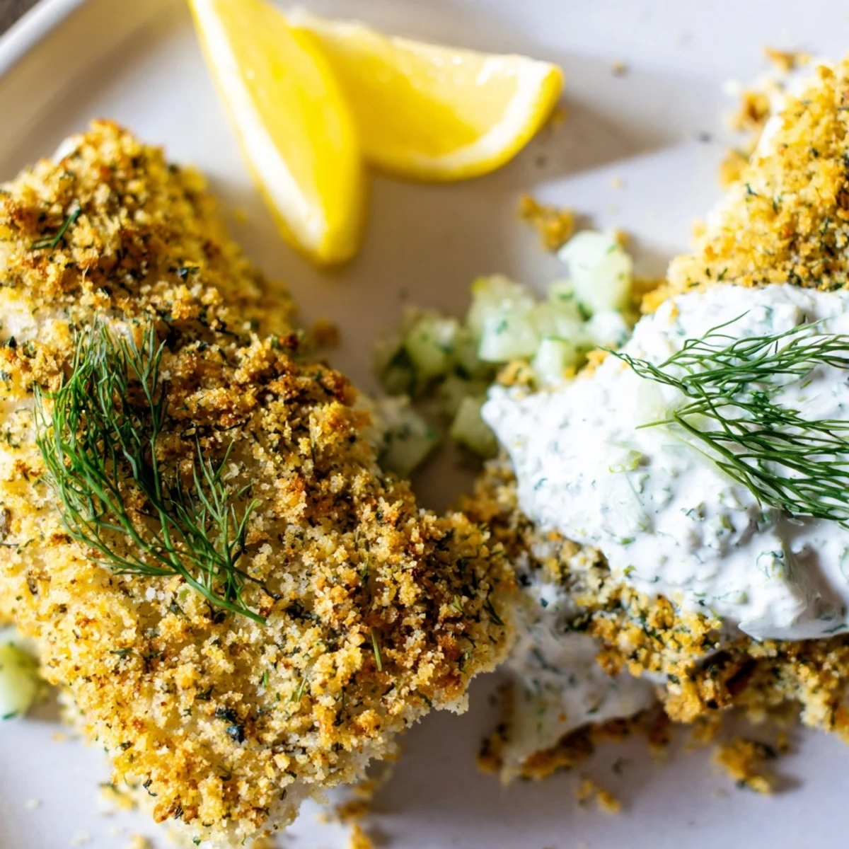 Golden oven baked crumbed fish fillets with crispy panko coating and fresh herbs