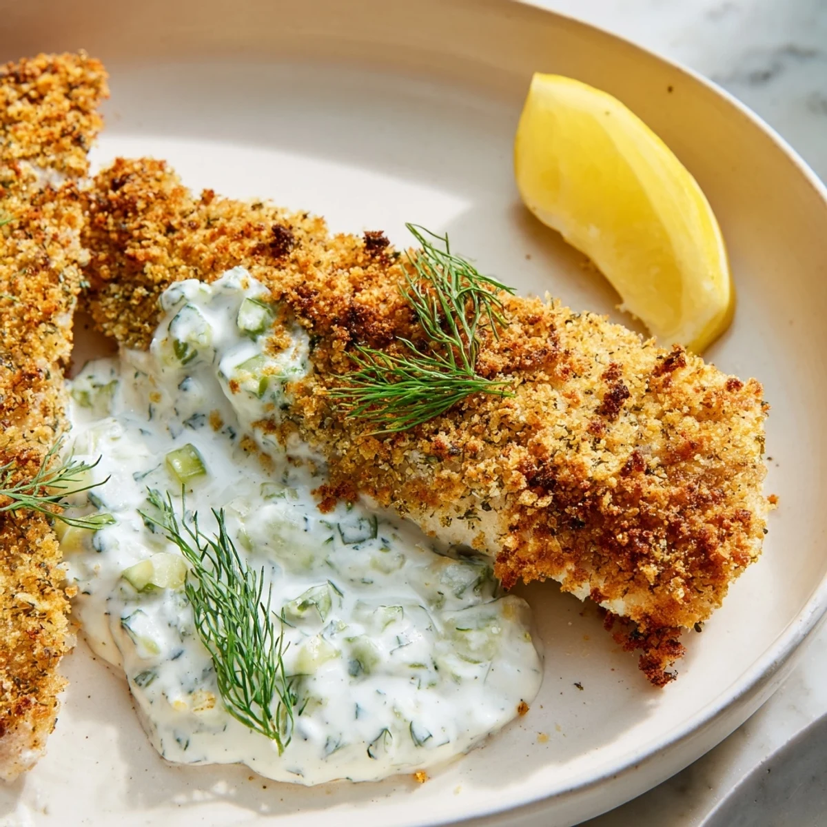 Plate of oven baked crumbed fish served with cool cucumber yoghurt and lemon