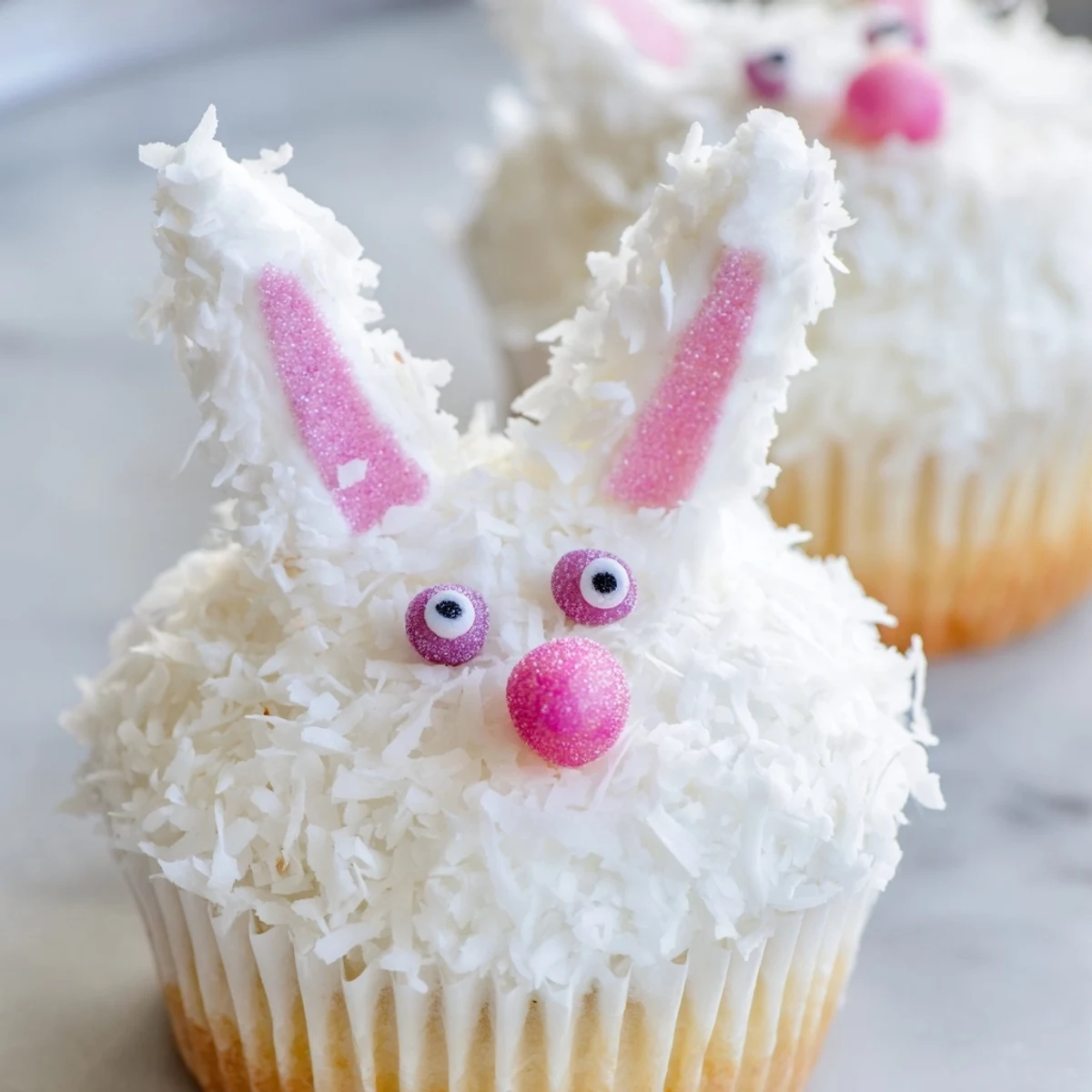 Fluffy vanilla bunny cupcakes topped with coconut fur, marshmallow ears, and candy eyes for Easter