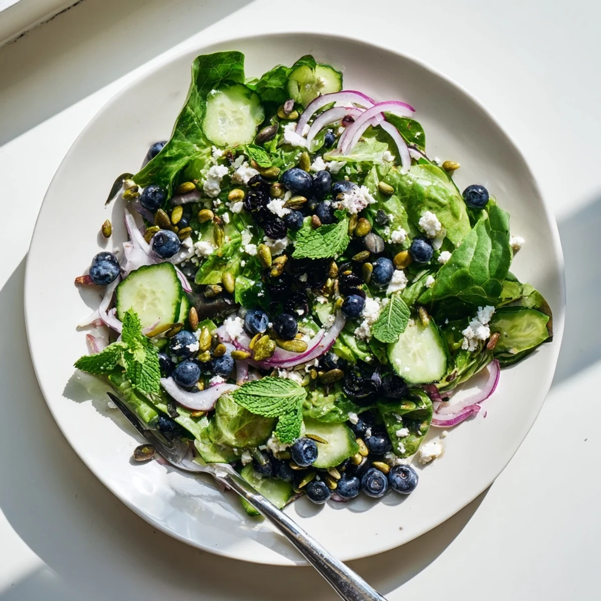 Fresh blueberry pistachio spring salad with vibrant greens and tangy lemon-honey vinaigrette