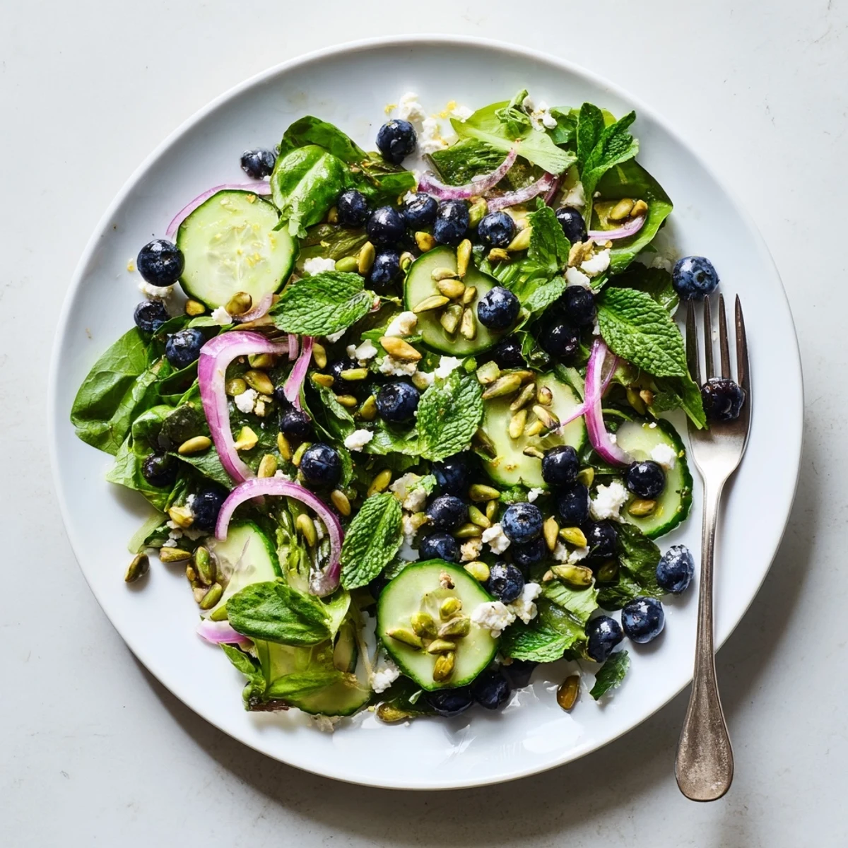 Bowl of blueberry pistachio spring salad featuring toasted nuts and juicy blueberries