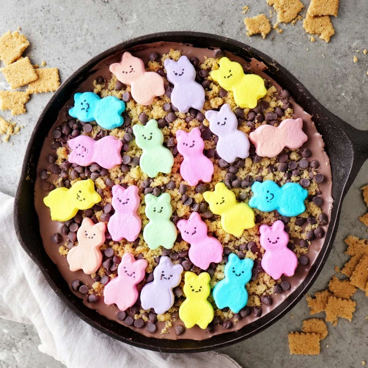 Golden Peeps marshmallow chicks nestle atop bubbly melted chocolate in a cast iron skillet