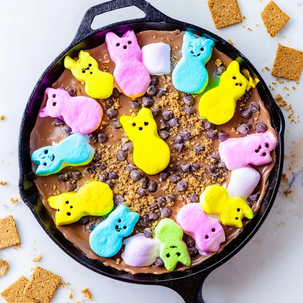 Playful Easter dessert showcases puffed Peeps arranged over rich melted chocolate in an oven-safe skillet