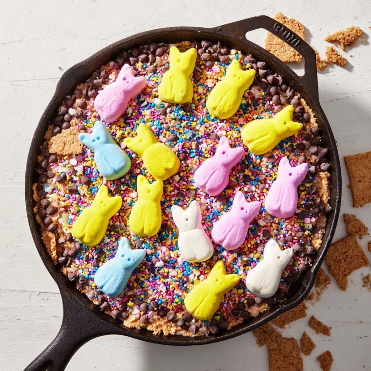 Colorful Peeps skillet smores feature toasted marshmallows and gooey chocolate perfect for graham cracker dipping